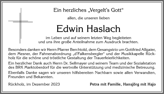 Traueranzeige von Edwin Haslach von Allgäuer Zeitung, Marktoberdorf