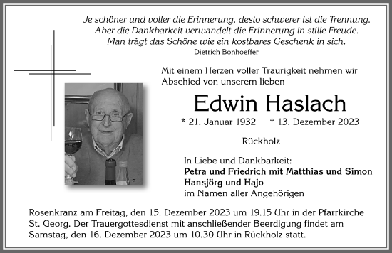 Traueranzeige von Edwin Haslach von Allgäuer Zeitung, Marktoberdorf