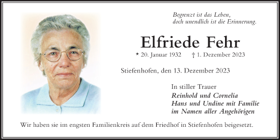 Traueranzeige von Elfriede Fehr von Der Westallgäuer