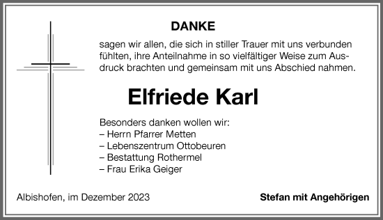 Traueranzeige von Elfriede Karl von Memminger Zeitung