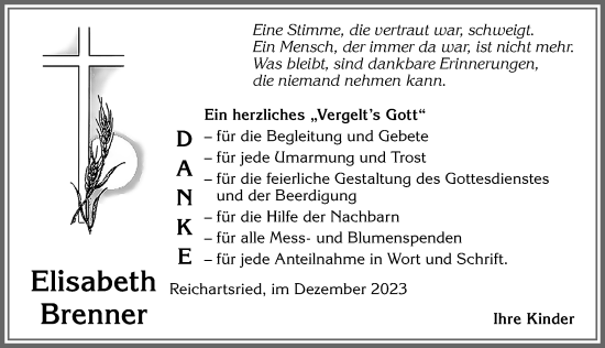 Traueranzeige von Elisabeth Brenner von Allgäuer Zeitung, Marktoberdorf