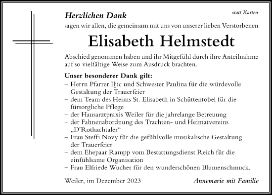 Traueranzeige von Elisabeth Helmstedt von Der Westallgäuer