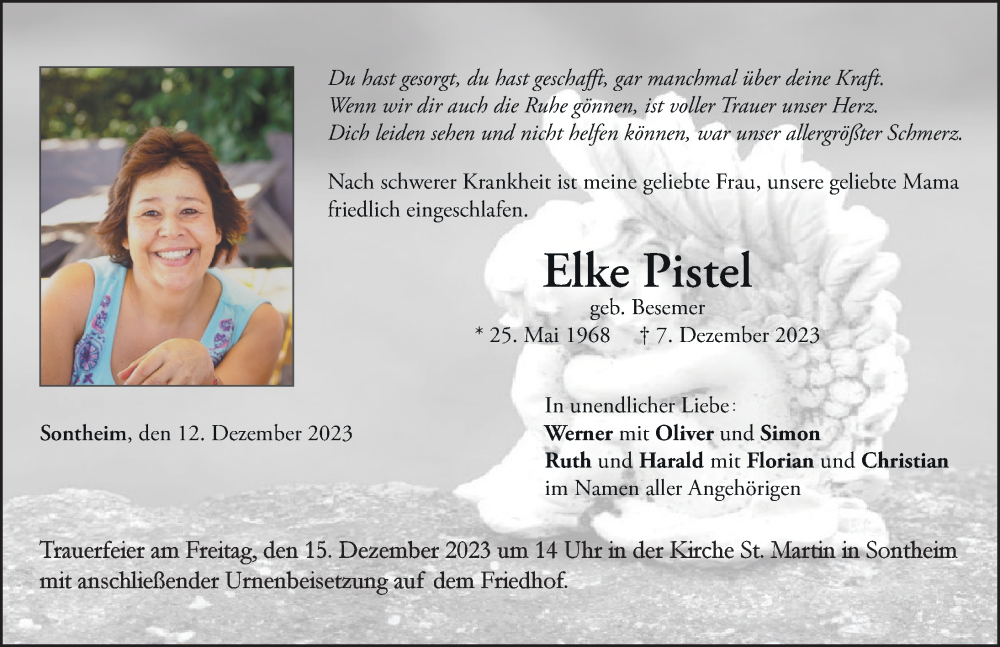  Traueranzeige für Elke Pistel vom 12.12.2023 aus Memminger Zeitung