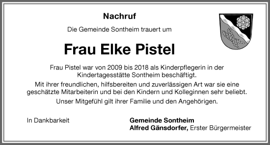 Traueranzeige von Elke Pistel von Memminger Zeitung