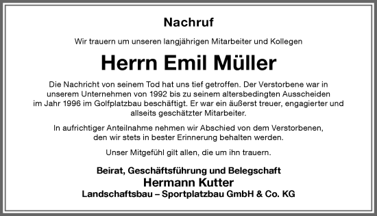 Traueranzeige von Emil Müller von Memminger Zeitung