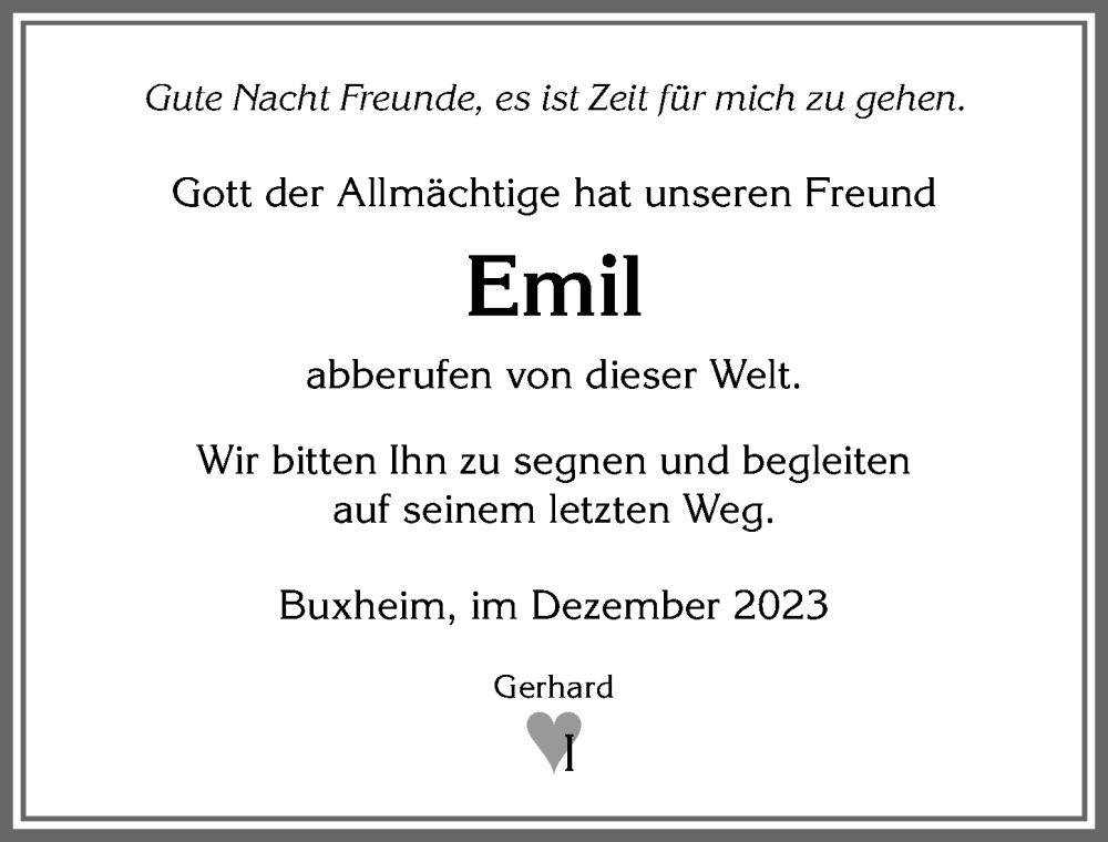  Traueranzeige für Emil Müller vom 08.12.2023 aus Memminger Zeitung