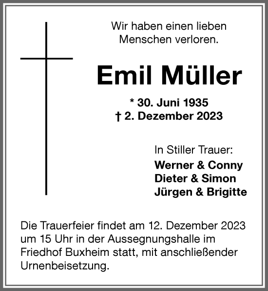 Traueranzeige von Emil Müller von Memminger Zeitung