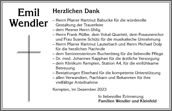 Traueranzeige von Emil Wendler von Allgäuer Zeitung,Kempten