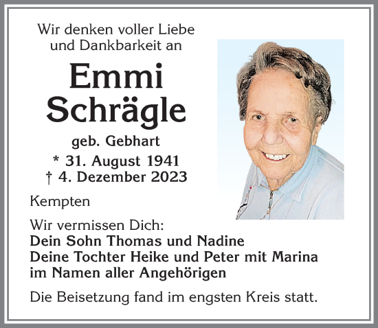 Traueranzeige von Emmi Schrägle von Allgäuer Zeitung,Kempten