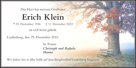 Traueranzeige von Erich Klein von Der Westallgäuer