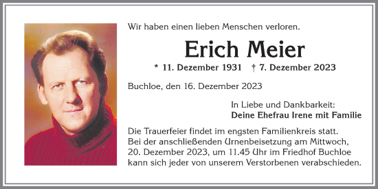Traueranzeige von Erich Meier von Allgäuer Zeitung, Kaufbeuren/Buchloe