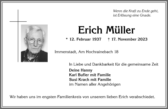 Traueranzeige von Erich Müller von Allgäuer Anzeigeblatt