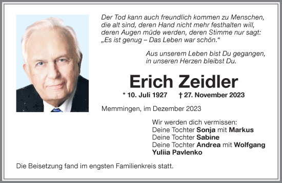 Traueranzeige von Erich Zeidler von Memminger Zeitung