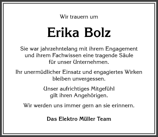 Traueranzeige von Erika Bolz von Allgäuer Anzeigeblatt