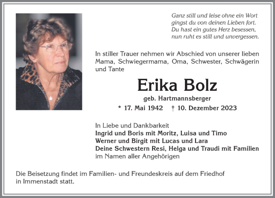Traueranzeige von Erika Bolz von Allgäuer Anzeigeblatt