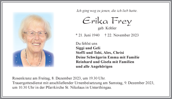 Traueranzeige von Erika Frey von Allgäuer Zeitung, Marktoberdorf