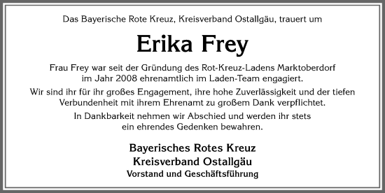 Traueranzeige von Erika Frey von Allgäuer Zeitung, Kaufbeuren/Buchloe