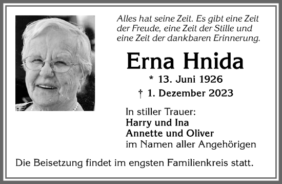 Traueranzeige von Erna Hnida von Allgäuer Zeitung, Marktoberdorf