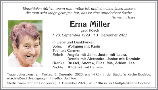Traueranzeige von Erna Miller von Allgäuer Zeitung, Kaufbeuren/Buchloe