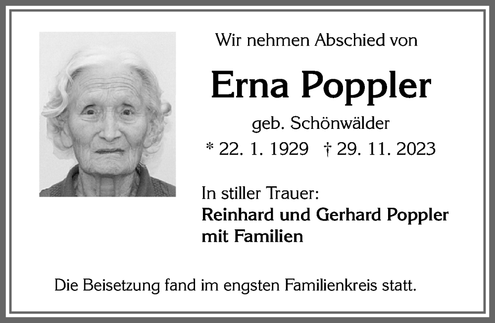  Traueranzeige für Erna Poppler vom 08.12.2023 aus Allgäuer Zeitung, Füssen
