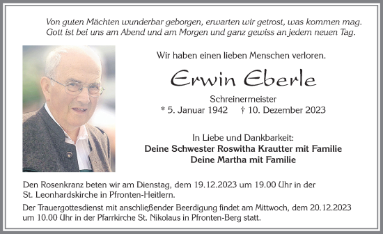 Traueranzeige von Erwin Eberle von Allgäuer Zeitung, Füssen