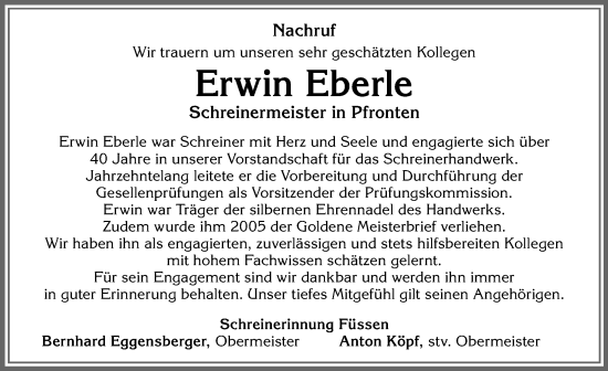 Traueranzeige von Erwin Eberle von Allgäuer Zeitung, Füssen