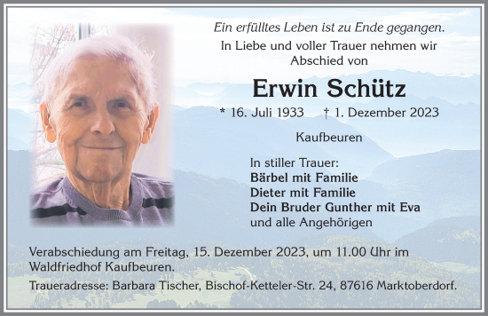 Traueranzeige von Erwin Schütz von Allgäuer Zeitung, Kaufbeuren/Buchloe