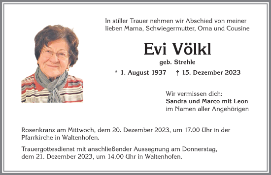 Traueranzeige von Evi Völkl von Allgäuer Zeitung,Kempten