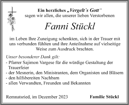 Traueranzeige von Fanni Stückl von Allgäuer Zeitung, Marktoberdorf