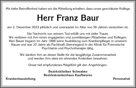 Traueranzeige von Franz Baur von Allgäuer Zeitung, Kaufbeuren/Buchloe