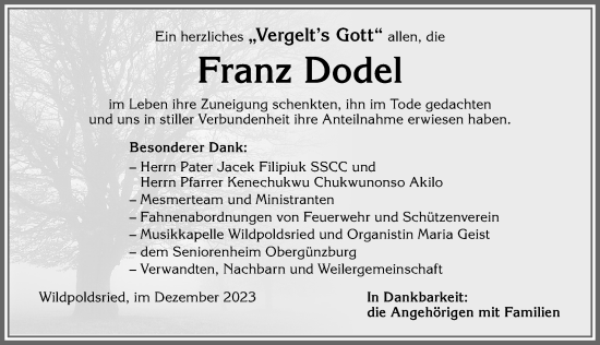 Traueranzeige von Franz Dodel von Allgäuer Zeitung,Kempten