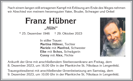 Traueranzeige von Franz Hübner von Allgäuer Zeitung, Kaufbeuren/Buchloe