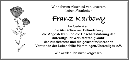 Traueranzeige von Franz Karbowy von Memminger Zeitung