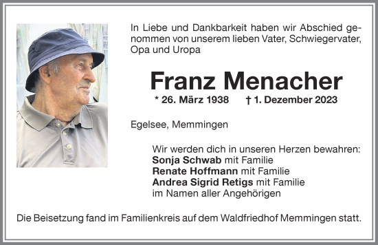 Traueranzeige von Franz Menacher von Memminger Zeitung
