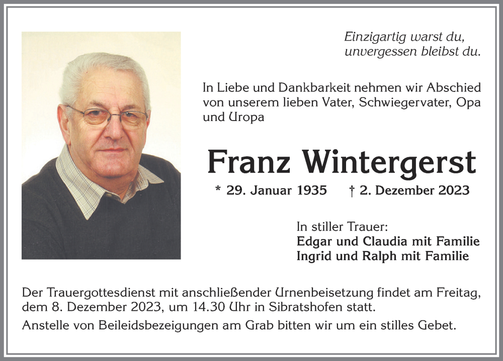  Traueranzeige für Franz Wintergerst vom 07.12.2023 aus Allgäuer Zeitung,Kempten