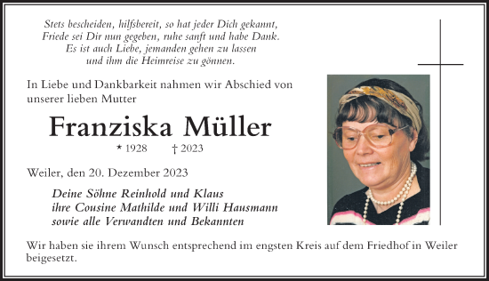 Traueranzeige von Franziska Müller von Der Westallgäuer