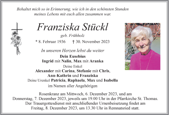 Traueranzeige von Franziska Stückl von Allgäuer Zeitung, Marktoberdorf