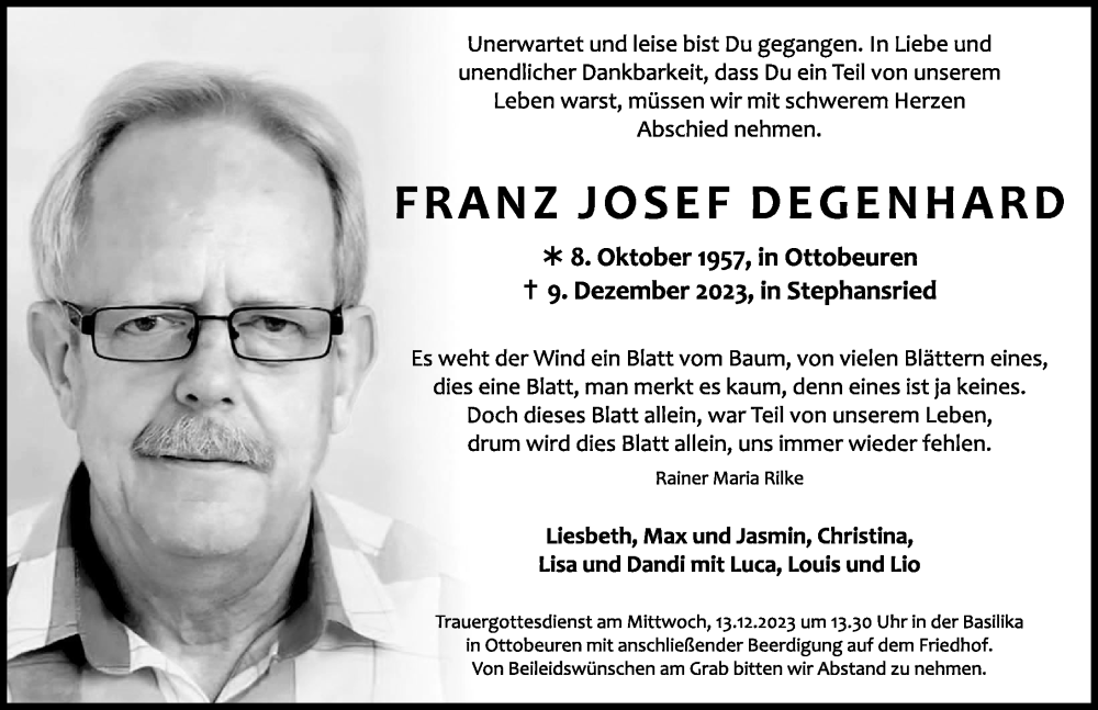  Traueranzeige für Franz Josef Degenhard vom 11.12.2023 aus Memminger Zeitung