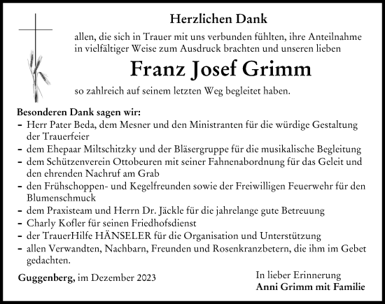 Traueranzeige von Franz Josef Grimm von Memminger Zeitung