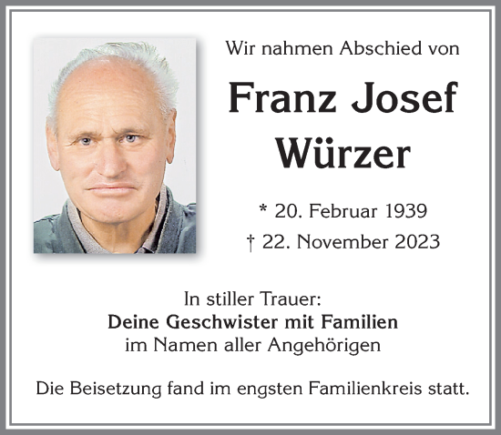 Traueranzeige von Franz Josef Würzer von Allgäuer Zeitung,Kempten