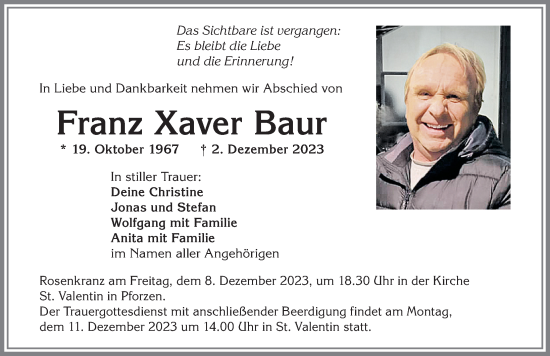 Traueranzeige von Franz Xaver Baur von Allgäuer Zeitung, Kaufbeuren/Buchloe