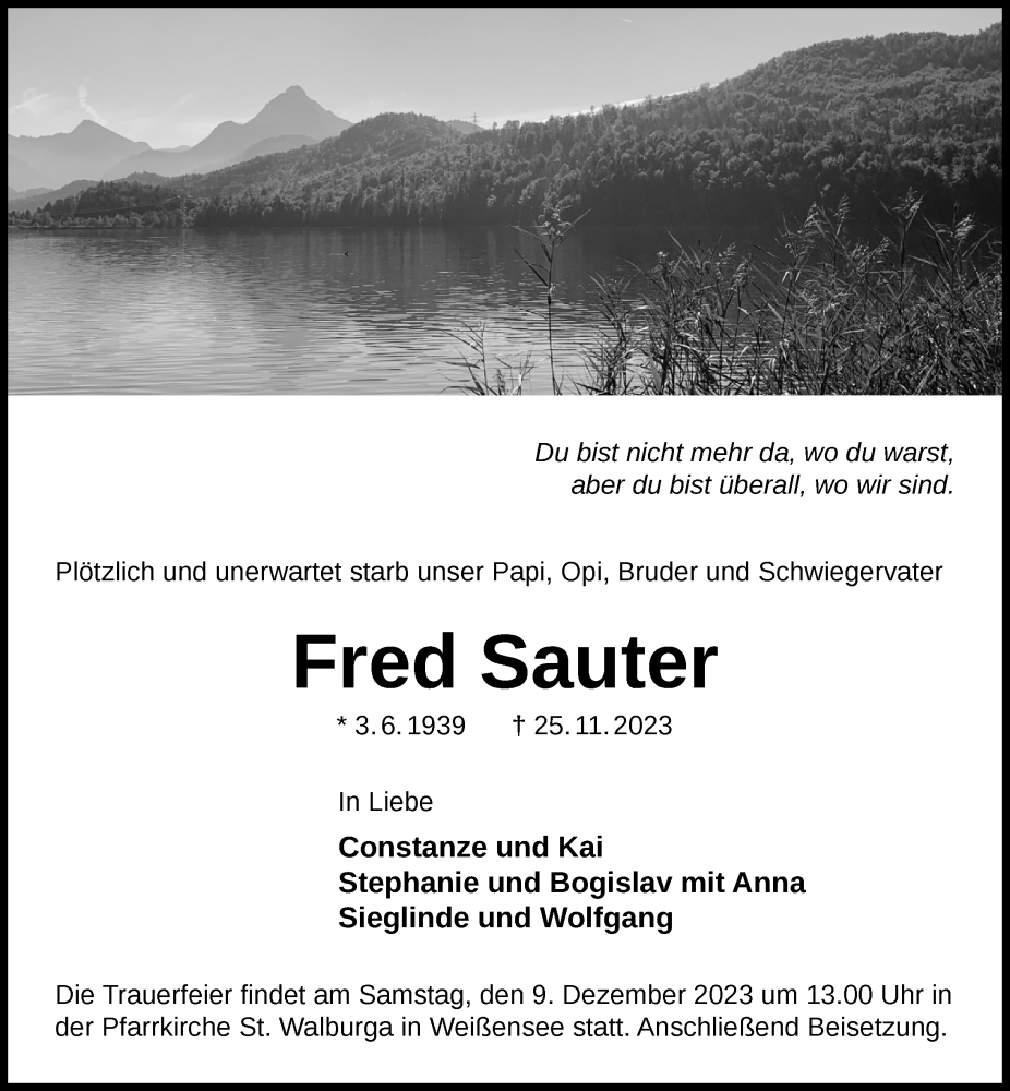  Traueranzeige für Fred Sauter vom 02.12.2023 aus Allgäuer Zeitung, Füssen
