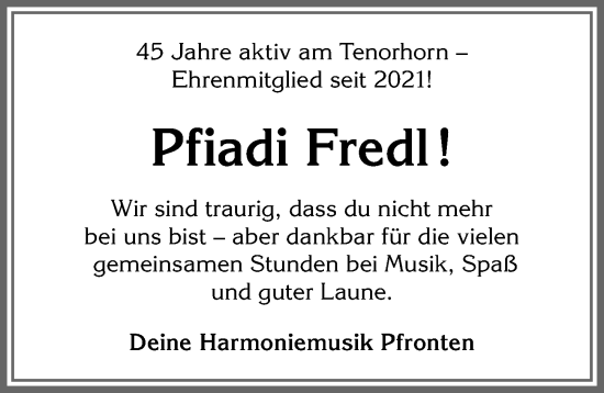 Traueranzeige von Fredl  von Allgäuer Zeitung, Füssen