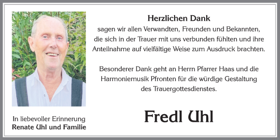 Traueranzeige von Fredl Uhl von Allgäuer Zeitung, Füssen