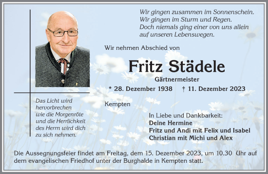 Traueranzeige von Fritz Städele von Allgäuer Zeitung,Kempten