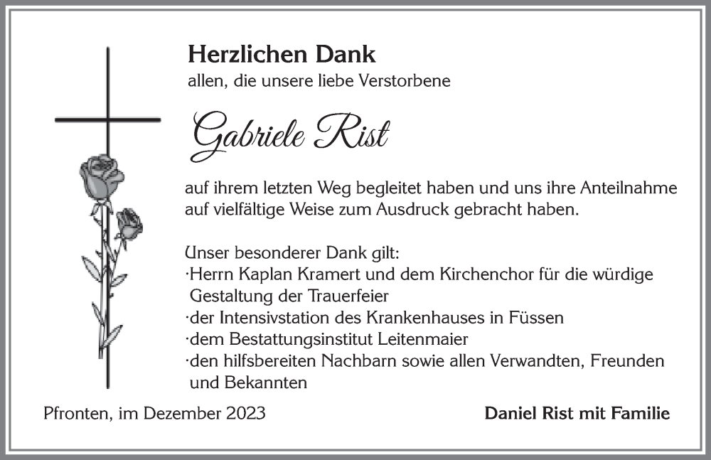  Traueranzeige für Gabriele Rist vom 15.12.2023 aus Allgäuer Zeitung, Füssen