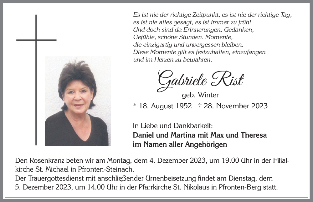  Traueranzeige für Gabriele Rist vom 01.12.2023 aus Allgäuer Zeitung, Füssen