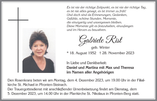 Traueranzeige von Gabriele Rist von Allgäuer Zeitung, Füssen