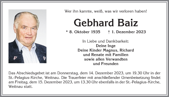 Traueranzeige von Gebhard Balz von Allgäuer Zeitung,Kempten