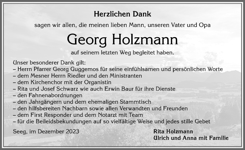  Traueranzeige für Georg Holzmann vom 16.12.2023 aus Allgäuer Zeitung, Füssen